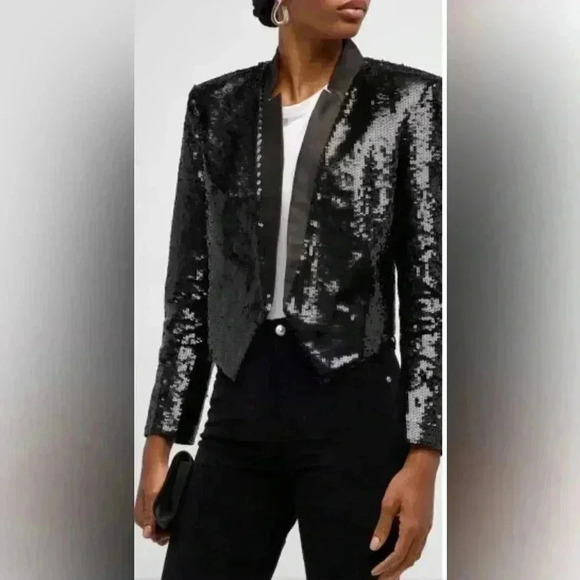 Veronica Beard Sequin Jacket Crop Blazer Delony Black Glitter 12 Notch Open $900 - Picture 2 of 9